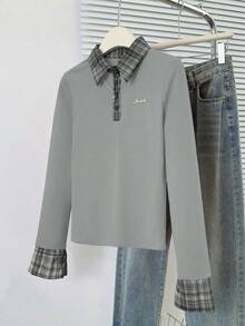 女士二合一格子 Polo 领红色长袖磨毛修身打底衫 春季 - 灰色 - 查看 3