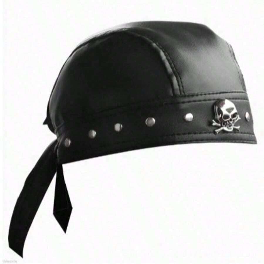 WoMen's Punk Style Skull Cap - Black Studded Faux Leather Bandana Head Wrap With Metal Trim, Adjustable Biker Doo Rag For Motorcycle & Hip Hop Fashion - 1 cái - Xem 1