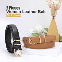 2-Pack Women's Leather Belts For Jeans And Dresses Plus Size - A-hitam+coklat - View 5