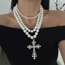 1pc Double Layer Big Size Faux Pearl Cross Necklace, Women's Fashion Geometric Alloy Jewelry Chain Necklace, Personalized Elegant Choker Necklace