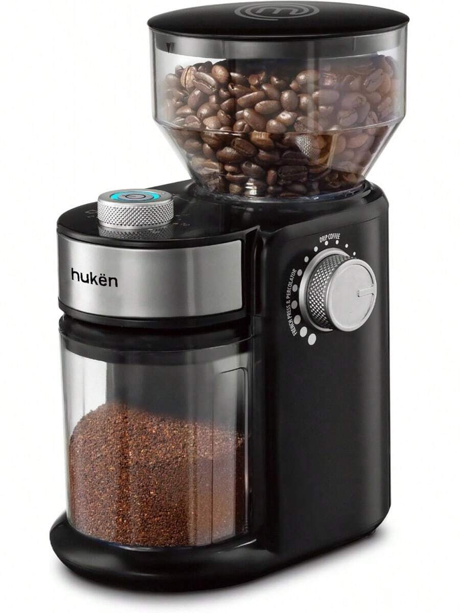 Hukën x.| Molino de Café Eléctrico Profesional Power-Grind 200 g| Muelas Ajustables con 12 Niveles de Molienda| Dual Knob para Grosor y Porciones| Muela Desmontable| Acero Inox| 150 vatios - negro/acero - Ver 1