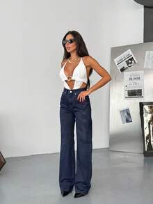 SQUALO Women's Wide Leg Color With Pocket Details Destroyed Retro Washed Street Style Jeans Ripped And Cutout Wide Leg Jeans - Navy Blue - View 6