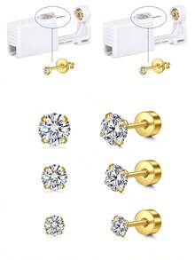 一次性耳洞枪套装，耳洞穿刺套装，自穿耳洞套装，金银耳环，防过敏不锈钢穿孔工具，家用 20G 人造珍珠耳钉和 2mm 3mm 4mm CZ 平背耳钉 - 彩色 - 查看 12