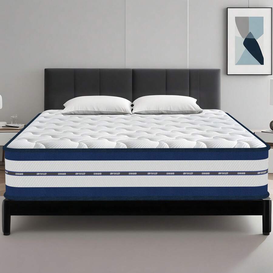 Matelas 140x200, Hauteur 26 cm, Fermeté Moyenne H3, Respirant, Antibactérien Et Anti-Acarien, Hypoallergénique - Bleu et Blanc - Voir 1