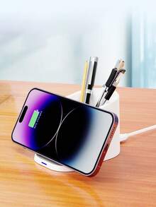 15W Wireless Charger With Pen Holder & Phone Stand, Desktop Wireless Charger - White - View 1