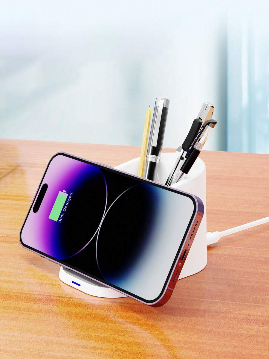 15W Wireless Charger With Pen Holder & Phone Stand, Desktop Wireless Charger - White - View 1