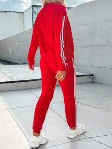 ChicMe 3件套女士条纹吊带装饰无袖背心、纽扣前襟外套、抽绳口袋长裤，时尚休闲运动套装 - 紅色 - 查看 3