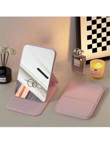 便携式折叠仿皮化妆镜，高清玻璃表面 - 宿舍、旅行和美容礼品的理想选择 - 黑色 - 查看 10