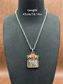 1pc Vintage Western Style Faux Pearl CCB Beaded Chain/Iron Chain, Cow Pendant Necklace, Versatile Short Length, Suitable For Casual Outfits, All Seasons Jewelry, Suitable For Women & Girls To Match Daily Clothes, Party Accessories, Jewelry Gift For Family/Friends/Yourself - Western Cowboy Style - View 2