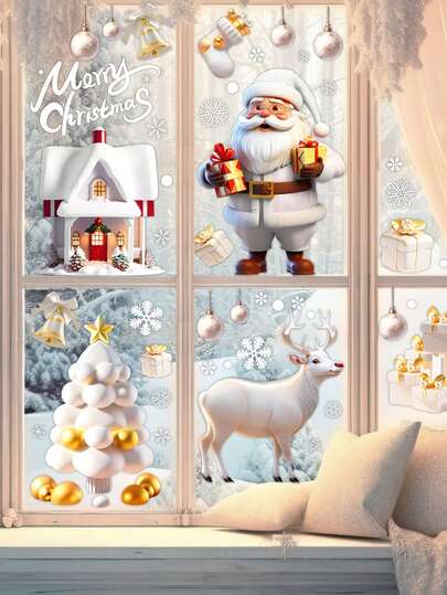 113 piezas Pegatinas 3D Kit de decoración de ventana de Navidad - Pegatinas sin adhesivo con Papá Noel, copos de nieve, árboles de Navidad y escenas de casas acogedoras - Decoración navideña reutilizable para el hogar y la oficina, Decoraciones navideñas, Pegatinas para ventanas navideñas, Pegatinas para ventanas de muñeco de nieve, Pegatinas para ventanas de vidrio navideñas, Decoración de vacaciones de invierno