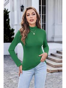 Women's Turtleneck Long Sleeve Thermal Underwear Tops Basic Fall Fashion Lightweight Top FERX - Màu xanh lá cây đậm - Xem 3