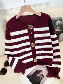 Women's Autumn And Winter Fashion Retro Round Neck Long Sleeve Short Knitted Cardigan, Striped Color Blocking And Rolled Edge Design, Double Pockets, Large Metal Buttons, Elegant And Casual Daily Top.