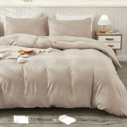 2/3pcs/Set Solid Color Khaki Simple Minimalist Pattern Printing Bedding Duvet Cover Set Without Filler Breathable Washed Microbiber Super Soft All-Season Sweet Quilt Cover Comforter Cover Sets (1pc*Duvet Cover + 1/2pcs*Pillowcase, No Pillow Core), Soft Two Tone Design Bedding Set For Ideal For Bedroom, Guest Room, Dormitory, Machine Washable King Queen Full Twin Size Back School Bedding Brushed Microfiber