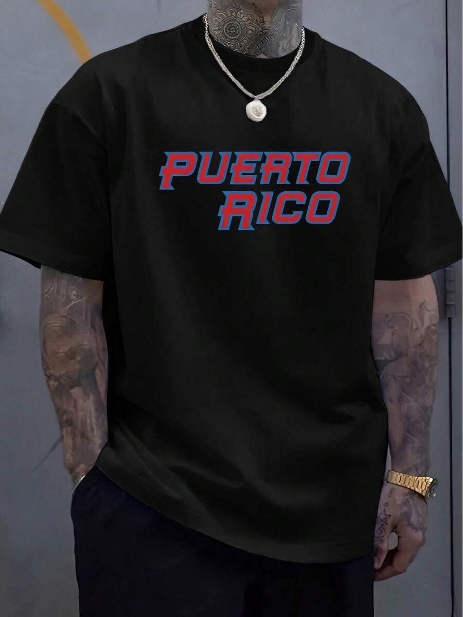 Featuring Distressed Vintage Finish, Men's Casual T-Shirt With Puerto Rico-Inspired Red And Blue Art Design.Made Of Soft, Stretchy Fabric With LogoPrinting, Crew Neck And Short Sleeves, Perfect For Year-Round Weekend Wear.,Summer Outfits Shapes,Tops Shapes - 黑色 - 查看 1