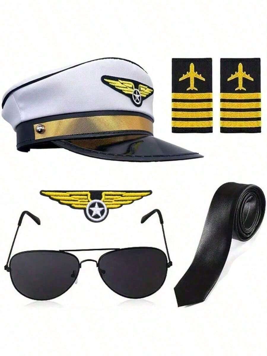 6pcs/Set Holiday Themed Flight Attendant Hat, Tie, Brooch, Epaulet, Glasses, Cabin Crew Costume Accessories For Halloween Party Cosplay, Retro Airline Pilot Outfit