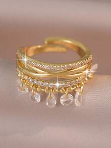 jealous young 1pc Glamorous Vintage Cross Water Drop Tassel Cubic Zirconia Wedding Rings,Shiny Multilayer Geometric Ring For Engagement Party ,Daily Accessories - Yellow Gold - View 1