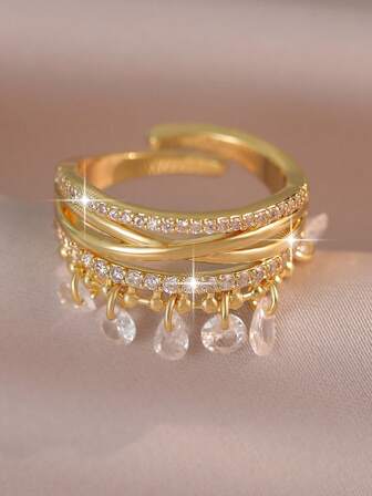 jealous young 1pc Vintage Luxurious Cross Water Drop Tassel Cubic Zirconia Wedding Ring, Shiny Multi-Layer Geometric Ring, Suitable For Engagement Party Jewelry, Daily Accessories, Gifts