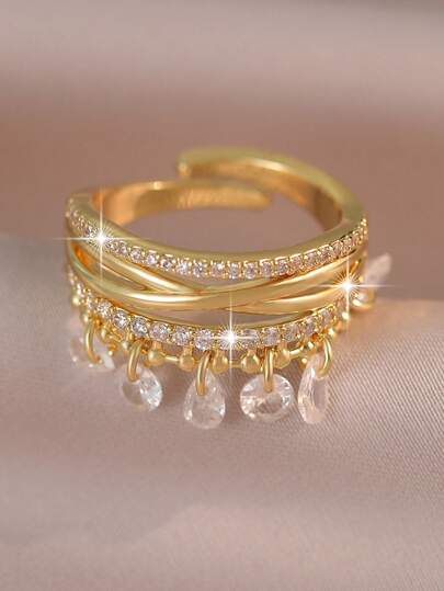 jealous young 1pc Vintage Luxurious Cross Water Drop Tassel Cubic Zirconia Wedding Ring, Shiny Multi-Layer Geometric Ring, Suitable For Engagement Party Jewelry, Daily Accessories, Gifts