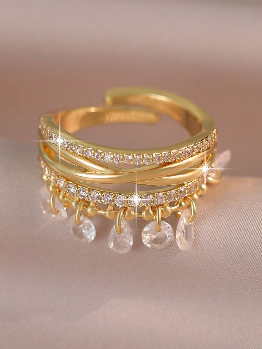 jealous young 1pc Glamorous Vintage Cross Water Drop Tassel Cubic Zirconia Wedding Rings,Shiny Multilayer Geometric Ring For Engagement Party ,Daily Accessories - Yellow Gold - View 1