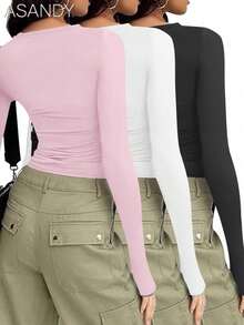 3pcs Set Women Crewneck Long Sleeve Solid Color Basic Tee, Slim Fit Casual Pullover Tops, Spring/Autumn - Multicolor - View 5