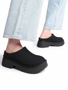 Women Platform Mules Wedge Closed Toe Clogs Faux Suede Slip On Memory Foam Non-Slip Lightweight Casual Slippers Shoes Autumn Winter - 黑色 - 查看 6
