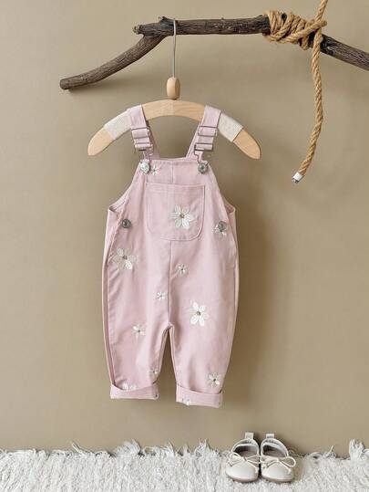 Baby Girls' Casual Allover Embroidered Floral Light Blue Suspender Pants, Summer