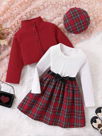 2 件套年轻女孩休闲羊毛混纺短夹克和格子拼布长袖圆领连衣裙（带帽子），适合秋冬季休闲外出、度假、派对、户外穿着