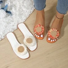 女士凉鞋，夏季鞋履，饰有花卉贴花设计，纯色优雅女士时尚休闲风格，法式浪漫风情，适合宽脚，百搭，适合派对、海滩、约会、正式场合、日常穿着，露趾设计，防滑，轻便，室内外皆宜的多功能平底拖鞋，饰有花卉图案 - 橘色 - 查看 11