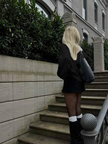 Áo len nữ cổ tròn, màu trơn, dáng rộng, chất liệu dệt kim, thích hợp cho mùa thu/đông, nghỉ xuân, kiểu dáng thanh lịch, áo dự tiệc, trang phục ngày lễ cho nữ, áo đen. - màu đen - Xem 2