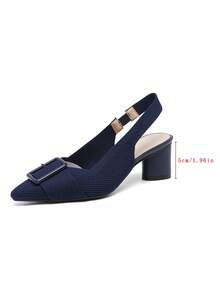 1 Pair Of Women's High-Heeled Sandals With Buckle Decoration, Pointed Toe, Light Opening, Solid Color Thick Heel, Casual Large Size, Breathable Fabric High Heels - 藍色 - 查看 12