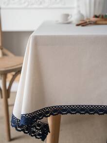 1 pieza Mantel con ribete de encaje blanco y azul marino estilo granja vintage, crea una atmósfera acogedora en el hogar, decoración diaria para la mesa de comedor familiar - Blanco - Ver 10