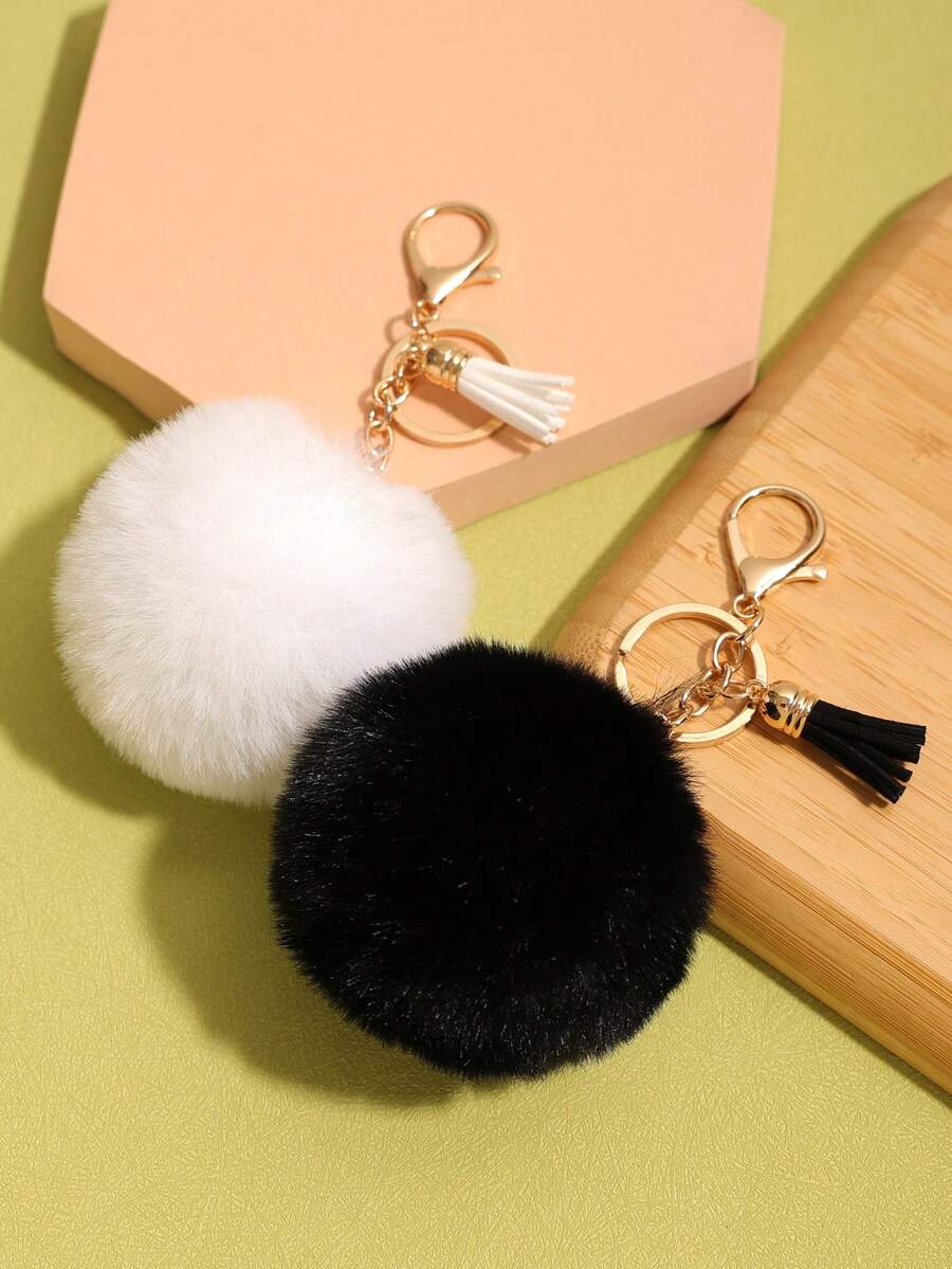 2个黑白仿毛皮绒球流苏钥匙扣，包包挂饰，万圣节配饰，教师节包包挂饰，汽车配饰，朋友姐妹礼物创意