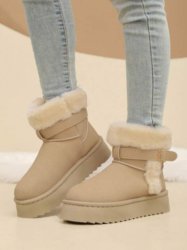 Women's Solid Color Casual Fuzzy Trim Buckle Thermal Lined Thick Sole Flat Snow Boots, Warm And Comfortable For Outdoor Winter