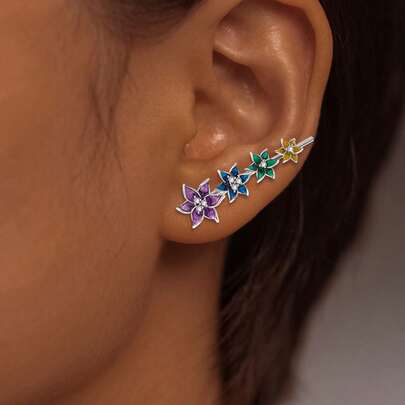 S925 Sterling Silver Unique Fashion Enamel Painted Resin Delicate Flower Cubic Zirconia Clip-On Earrings, Suitable For Daily, Party, Holiday Gifts, Birthday, Anniversary, Valentine's Day, Halloween, Easter, Comes With Gift Box