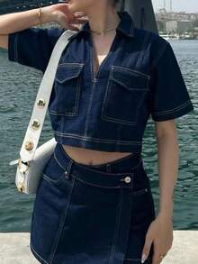 Women's 2 Piece Denim Set Short Sleeve Lapel Crop Jean Tops And Asymmetrical Wrap Skirt Shorts Outfit Streetwear