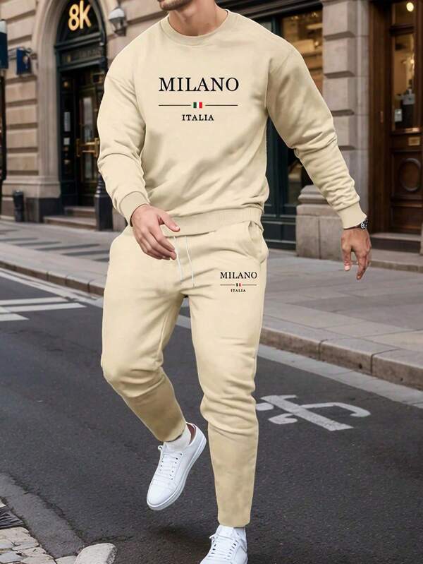 2pcs Men's Casual Versatile Round Neck Sweatshirt And Pants Set , Fall Clothes