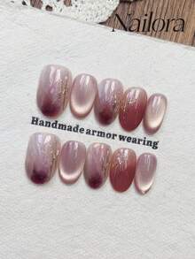 10 件手工指甲椭圆形指甲人造按压指甲短指甲，极简主义粉色渐变晕染渐变指甲，闪亮猫眼，手绘不对称线条，可爱简约优雅奢华手工制作秋季指甲，秋季按压指甲，多功能指甲 DIY 假指甲艺术派对日常和约会使用海滩热带度假适合可重复使用，适合女性和女孩作为礼物指甲用品 - 彩色 - 查看 3