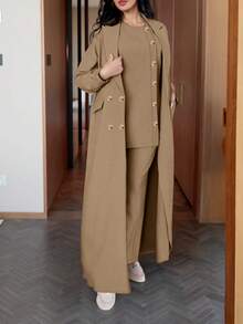 Set 2 bucăți pentru femei, elegant, cu cămașă și pantaloni, culoare solidă, cu crăpături laterale, stil naveta, început de toamnă - Kaki - Vizualizare 8