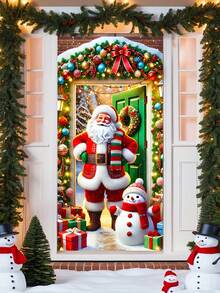 Tenda da porta versatile in poliestere con Babbo Natale e pupazzo di neve - Design rustico vintage per Natale, Ognissanti, Ringraziamento e altro - 90x180 cm, ideale per Natale, perfetta per il Ringraziamento