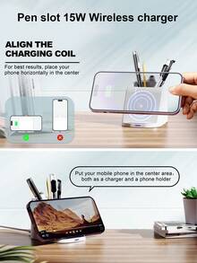 15W Wireless Charger With Pen Holder & Phone Stand, Desktop Wireless Charger - White - View 8