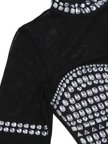 女士优雅立领水钻网眼开衩修身正式晚礼服、派对礼服、婚礼宾客礼服