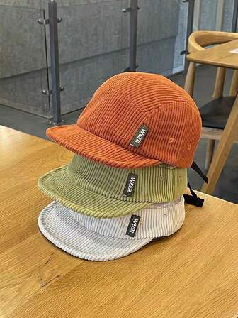 1pc Letter Casual Polyester Embroidered Warm UV Protection Decorative Windproof New American Short Brim Korean/Japanese Vintage Street Soft Top Curved Brim Five-Leaf Cap, Versatile Autumn/Winter Corduroy Cap