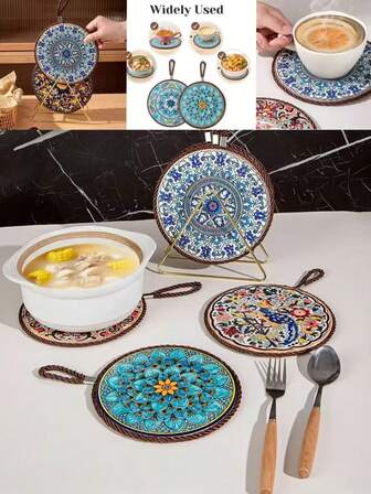 1P Retro Isıya Dayanıklı Mat - Yeni Çin Tarzı Yemek Masası Kaymaz Tabak Altlığı - Sıcak Yemekler İçin Renkli Seramik Altlıklar
