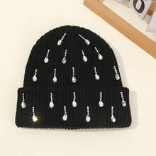 Knit Rhinestone Embellished Hat For Women, Winter Warm Beanies Cap For Outdoor Shopping, Dating, Ski - 黑色 - 查看 1