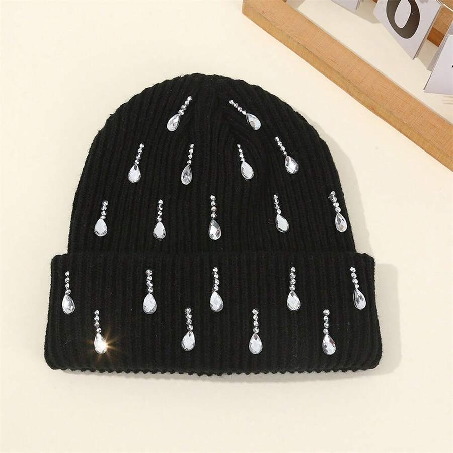 Knit Rhinestone Embellished Hat For Women, Winter Warm Beanies Cap For Outdoor Shopping, Dating, Ski - 黑色 - 查看 1