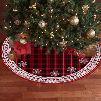 1件圣诞雪花驯鹿树裙，红黑格子图案，适用于圣诞树装饰、商店橱窗展示、冬季房间装饰、家居圣诞礼物等。