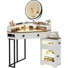 Vlsrka Tocador Vanity de Esquina con Espejo Luz LED y Taburete Taquillas y Compartimentos de Lona Tocador para Recamara con Estacion de Carga Blanco Vintage - Blanco - Ver 8