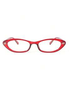 1pc Small Frame Oval Cat Eye Fashion Glasses Frame Transparent Glasses Clear Glasses Metal Accessories Retro Personalized Versatile Men And Women's Fashion Glasses Frame Clear Glasses Suitable For Daily Wear Street Photography Reading Writing Commuting Vacation Tourism Beach Accessories - 紅色 - 查看 3