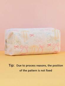 1pc Polyester Nylon Zipper Foldable Pencil Case, Bow Pattern, Portable Pen Bag, Women's Large Capacity Cosmetic Storage Pouch, School Supplies, Christmas, Valentine's Day, Thanksgiving, Back To School, Office Desk Organizer, School Pencil Box
