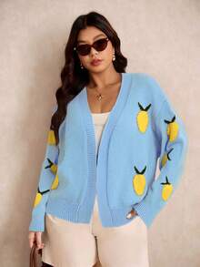 Plus-Size Women's Fall And Winter Fashionable V-Neck Long-Sleeve Knitted Cardigan, With Mango Jacquard Color-Blocking Design, Ideal For Sweet And Casual Daily Wear And School Outfits.